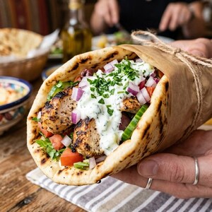 Può includere: Un wrap di pita al pollo souvlaki con pezzi di pollo grigliato, cipolla rossa a cubetti, pomodori freschi e cetrioli, guarnito con una generosa dose di salsa tzatziki bianca e prezzemolo tritato, avvolto in carta marrone e legato con spago.