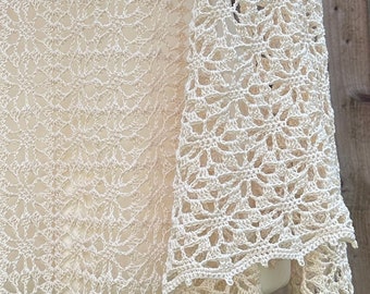 Handmade cotton acrylic large cream lacy crochet shawl