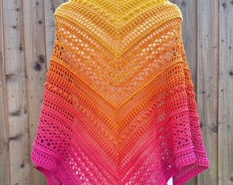 Handmade cotton crochet triangular shawl, wrap or scarf in yellow, orange and pink