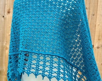 Handmade rectangle crochet shawl, stole, wrap, scarf in green-blue dark turquoise