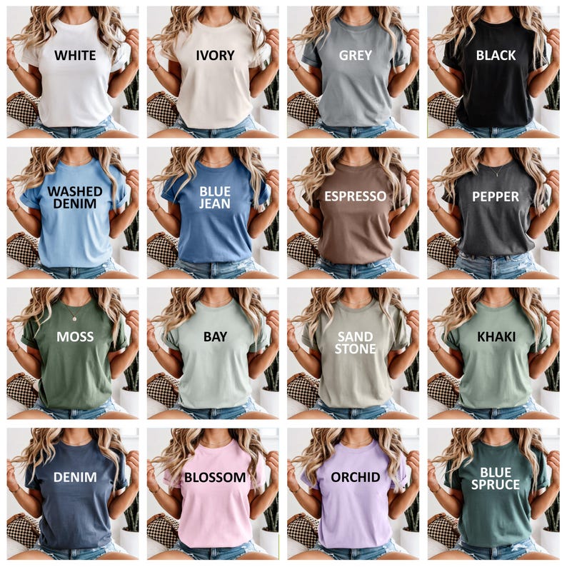 K&ouml;nnte beinhalten: Eine Sammlung von T-Shirts mit kurzen &Auml;rmeln in verschiedenen Farben, die jeweils mit ihrem Farbnamen in wei&szlig;em Text beschriftet sind. Zu den Farben geh&ouml;ren Wei&szlig;, Elfenbein, Grau, Schwarz, Washed Denim, Blue Jean, Espresso, Pfeffer, Moos, Bay, Sandstein, Khaki, Denim, Blossom, Orchidee und Blaufichte.