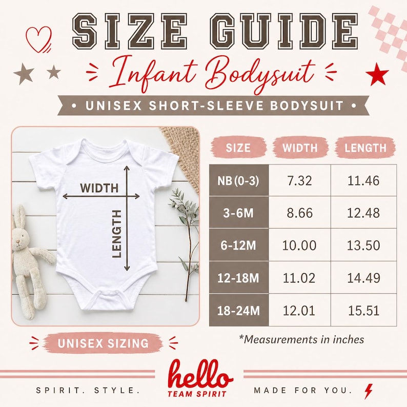 Peut inclure: Un body unisexe &agrave; manches courtes pour b&eacute;b&eacute; avec un guide des tailles. Le guide indique les mesures de largeur et de longueur en pouces pour les tailles allant de NB (0-3 mois) &agrave; 18-24 mois. Le texte "hello team spirit" est en bas.