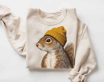 Vintage Squirrel Beanie Sweatshirt Trendy Cottagecore Comfort Color Shirt Cute Woodland Animal Graphic Cozy Winter Outfit Unique Gift HTS508