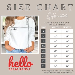 Peut inclure: Tableau des tailles pour un sweat-shirt &agrave; col rond unisexe, indiquant les mesures en pouces pour la largeur et la longueur. Le tableau comprend les tailles du S au 5XL. Le tableau est intitul&eacute; "Gildan 18000".
