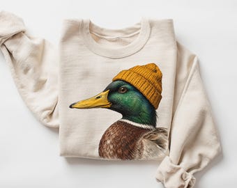 Vintage Mallard Duck Wearing Beanie Shirt, Trendy Aesthetic Animal Graphic Sweatshirt, Hipster Nature Lover Gift, Cute Clothing HTS471