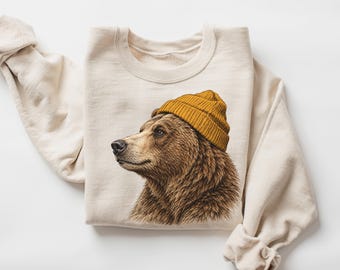 Vintage Bear In Yellow Beanie Shirt Cozy Comfort Colors Sweatshirt Aesthetic Grizzly Outdoorsy Graphic Tee Wildlife Lover Gift HTS500