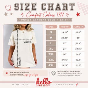 K&ouml;nnte beinhalten: Eine Gr&ouml;&szlig;entabelle f&uuml;r ein Unisex-T-Shirt, das st&uuml;ckgef&auml;rbt ist, mit Ma&szlig;en in Zoll. Die Tabelle enth&auml;lt die Gr&ouml;&szlig;en S bis 4XL mit den entsprechenden Breiten- und L&auml;ngenma&szlig;en. Der Text "Comfort Colors 1717" wird oben angezeigt.