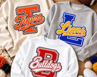 Custom Faux chenille letter sweatshirt, varsity letter sweatshirt. School Mascot Shirt, School Spirit Shirt, Football Preppy Team Pride Tee