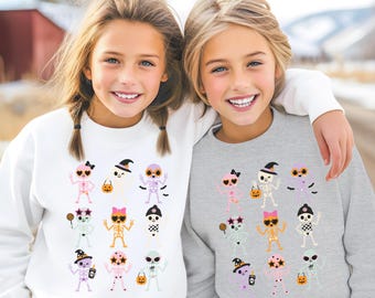 Cute Pastel Pink Skeleton Youth Sweatshirt Spooky Season Halloween shirt Groovy Witch Bow Crewneck Retro Fall Aesthetic Fashion Cozy HTS223