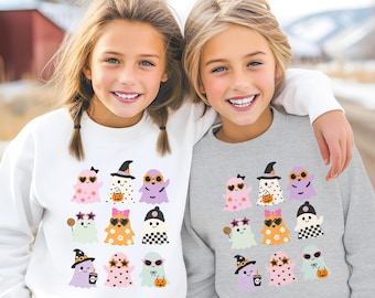 Halloween Youth Ghost Sweatshirt Trendy Retro Ghost Sweatshirt Cute Pastel Spooky Vibes Oversized Pumpkin Bow Fall Aesthetic Tee HTS225
