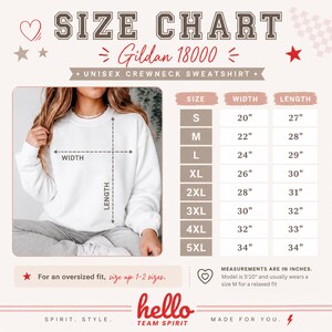 Może przedstawiać: Tabela rozmiar&oacute;w bluzy unisex Gildan 18000 z okrągłym dekoltem, przedstawiająca białą bluzę z liniami pomiaru szerokości i długości. Tabela zawiera rozmiary od S do 5XL z wymiarami w calach. Tekst: SIZE CHART, Gildan 18000, UNISEX CREWNECK SWEATSHIRT, hello TEAM SPIRIT.
