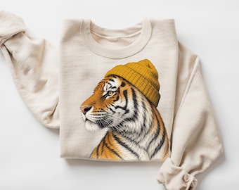 Vintage Tiger Beanie Comfort Colors Shirt Aesthetic Hipster Wild Animal Graphic Sweatshirt Cottagecore Top Unique Unisex Big Cat Gift HTS506