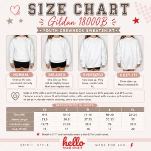 May include: Size chart for a Gildan 18000B youth crewneck sweatshirt. The chart shows measurements in inches for sizes XS to XL, including sleeve length, full body length, and body width. The chart also details fit options: normal, relaxed, oversized, and cozy fit.