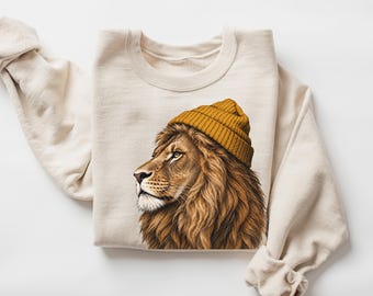 Vintage Lion Beanie Comfort Colors Shirt Trendy Hipster Animal Sweatshirt Cool Streetwear Graphic Tee Cottagecore Men Gift HTS504