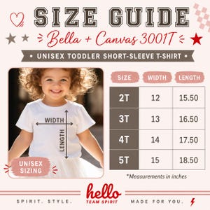 Peut inclure: Un guide des tailles pour un t-shirt &agrave; manches courtes unisexe pour tout-petits. Le guide comprend des mesures en pouces pour les tailles 2T, 3T, 4T et 5T. L'image pr&eacute;sente un jeune enfant portant le t-shirt.