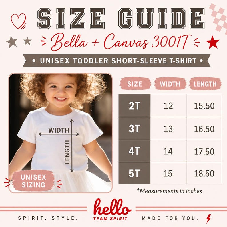 Peut inclure: Un guide des tailles pour un t-shirt &agrave; manches courtes unisexe pour tout-petits. Le guide comprend des mesures en pouces pour les tailles 2T, 3T, 4T et 5T. L'image pr&eacute;sente un jeune enfant portant le t-shirt.