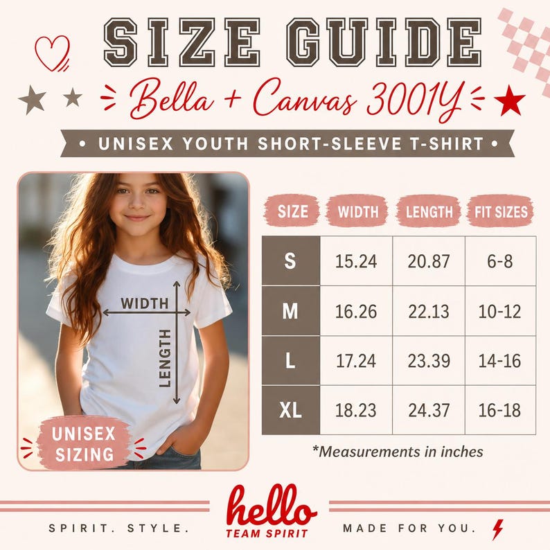 Peut inclure: Guide des tailles pour un t-shirt unisexe &agrave; manches courtes pour jeunes. Le guide comprend les mesures en pouces (converties en cm) pour les tailles S, M, L et XL. Le t-shirt est de Bella + Canvas 3001Y. Une jeune personne porte le t-shirt.