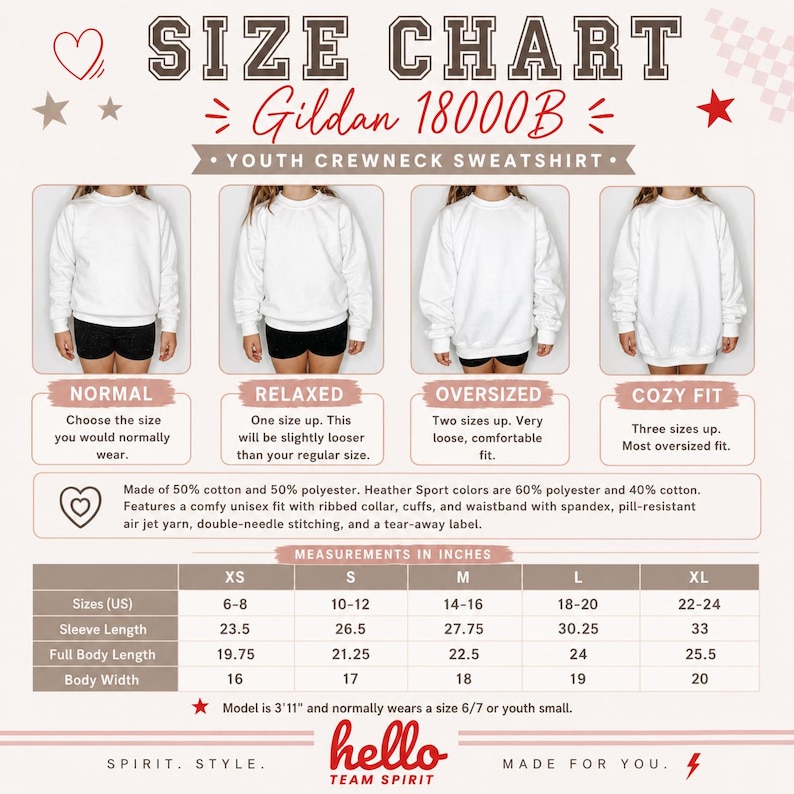 K&ouml;nnte beinhalten: Gr&ouml;&szlig;entabelle f&uuml;r ein Gildan 18000B Youth Crewneck Sweatshirt. Die Tabelle zeigt Ma&szlig;e in Zoll f&uuml;r die Gr&ouml;&szlig;en XS bis XL, einschlie&szlig;lich &Auml;rmell&auml;nge, Gesamtk&ouml;rperl&auml;nge und K&ouml;rperbreite. Die Tabelle zeigt auch Passformoptionen: normal, relaxed, oversized und cozy fit.
