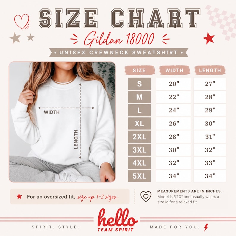K&ouml;nnte beinhalten: Gr&ouml;&szlig;entabelle f&uuml;r ein Gildan 18000 Unisex-Crewneck-Sweatshirt. Die Tabelle zeigt Ma&szlig;e in Zoll (entspricht cm) f&uuml;r die Gr&ouml;&szlig;en S bis 5XL, mit Breiten von 50.8cm bis 86.4cm und L&auml;ngen von 68.6cm bis 86.4cm. Das Model tr&auml;gt Gr&ouml;&szlig;e M.