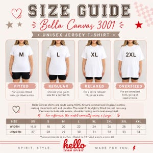 Peut inclure: Guide des tailles pour les t-shirts unisexe Bella Canvas 3001. Le guide pr&eacute;sente les coupes ajust&eacute;e, r&eacute;guli&egrave;re, d&eacute;contract&eacute;e et surdimensionn&eacute;e. Les mesures en cm sont fournies pour les tailles XS &agrave; 4XL, largeur et longueur incluses. Le mod&egrave;le mesure 173 cm et porte une taille 10.