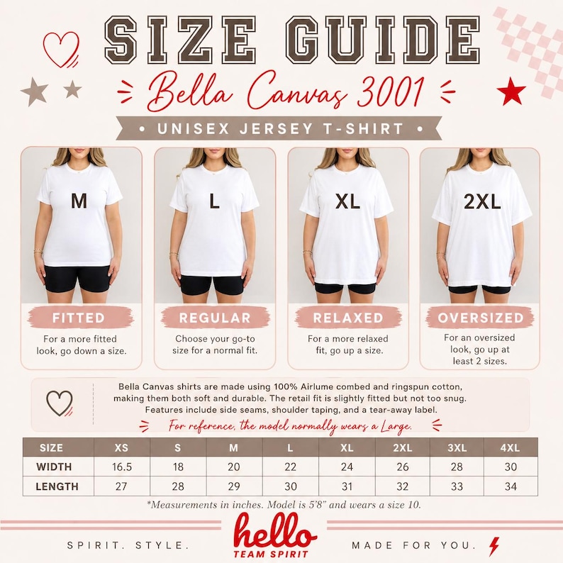 Peut inclure: Guide des tailles pour les t-shirts unisexe Bella Canvas 3001. Le guide pr&eacute;sente les coupes ajust&eacute;e, r&eacute;guli&egrave;re, d&eacute;contract&eacute;e et surdimensionn&eacute;e. Les mesures en cm sont fournies pour les tailles XS &agrave; 4XL, largeur et longueur incluses. Le mod&egrave;le mesure 173 cm et porte une taille 10.