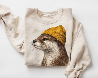 Vintage Sea Otter Wearing Beanie Comfort Colors Shirt Animal Lover Sweatshirt Aesthetic Cozy Nature Graphic Tee Gift For Friend HTS507