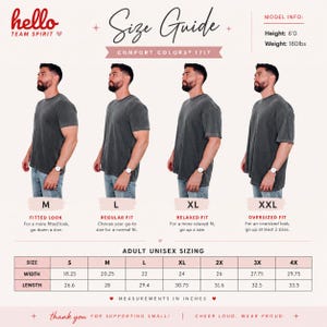May include: A size guide for Comfort Colors 1717 adult unisex t-shirts. The guide shows four models wearing gray t-shirts in sizes M, L, XL, and XXL. The guide includes a size chart with measurements in inches for sizes S through 4X.