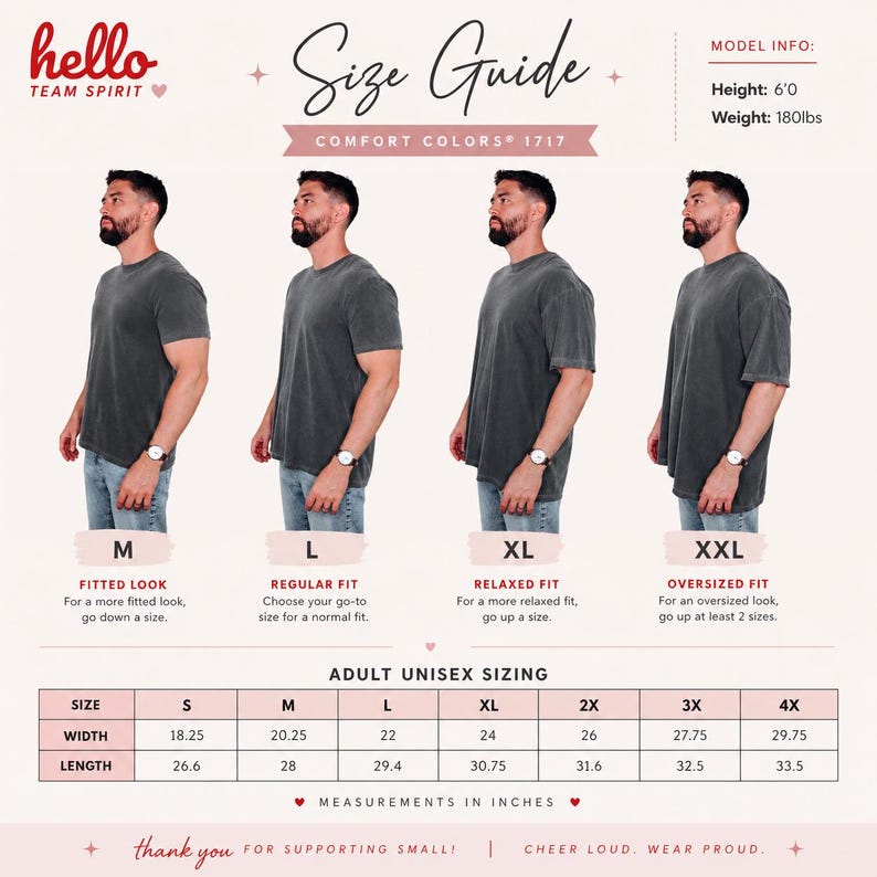May include: A size guide for Comfort Colors 1717 adult unisex t-shirts. The guide shows four models wearing gray t-shirts in sizes M, L, XL, and XXL. The guide includes a size chart with measurements in inches for sizes S through 4X.