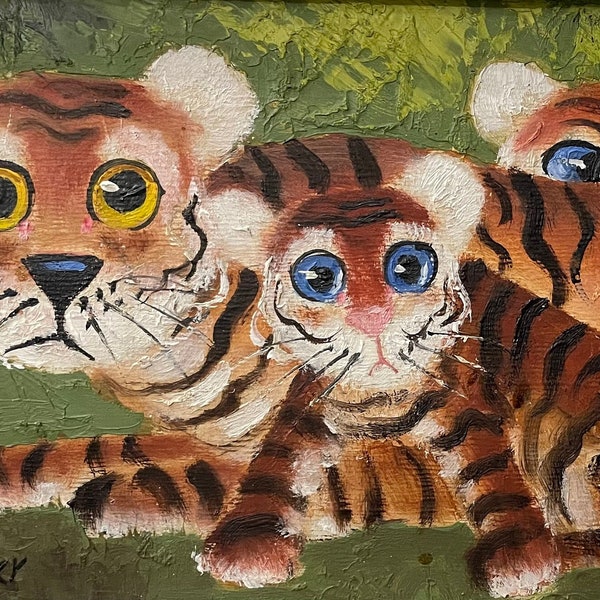 Harold Landaker Big Eye Tigers Cat Oil Painting California Artist SEZ WHO!