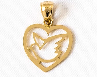 Colgante de oro amarillo de 14 k con forma de corazón y paloma