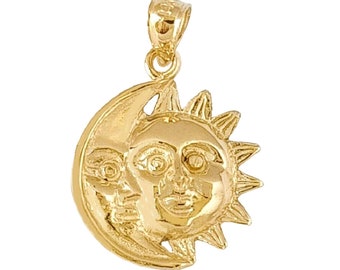 May include: A gold pendant featuring a detailed sun and moon design. The sun has a face and rays, while the moon is a crescent shape.