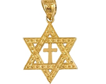 May include: A gold pendant featuring a Star of David with a cross inside. The pendant has a textured surface and a bail for attaching to a chain.