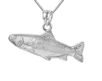 925 Sterling Silver Necklace w/ Salmon Fish Pendant Charm