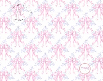 Pink Rose Floral Seamless Pattern: Romantic Bow Design (Digital Download)