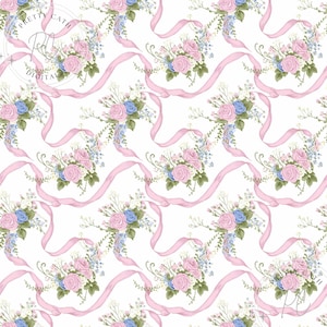 Vintage Girly Ribbon Pink Floral Seamless with Coquette Bow Seamless Retro Handrawn Pastel Pink Ribbon Bows Repeated Pattern For DIY Crafts
