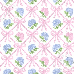 May include: A repeating pattern with pink bows and blue and pink hydrangea flowers on a white background. The text "PRETTY CATH DIGITALS" is visible. This design is suitable for various craft projects and is ideal for fabric or wallpaper.