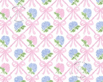 Coquette Bow Hydrangea Chinoiserie Wallpaper: Seamless Floral Digital Paper  PNG Files