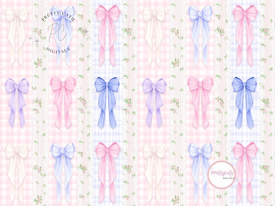 Pastel Bow Seamless Pattern Vertical Gingham Preppy Wallpaper Coquette ...