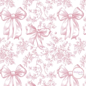 Könnte beinhalten: Ein nahtloses Muster mit rosa Schleifen und Rosen auf weißem Hintergrund. Das Design umfasst detaillierte Illustrationen von Schleifen mit fließenden Bändern und Blumenarrangements, die eine romantische und elegante Ästhetik schaffen.