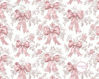 Pink Toile Bow Floral Pattern Vintage Ribbon Fabric Cottagecore Seamless Wallpaper Digital Paper