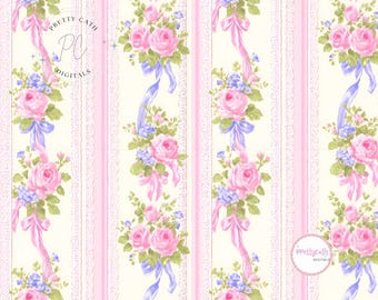 Vintage Floral Stripe Seamless Pattern with Pink Roses Blue Ribbons Pastel Lace Borders for Wallpaper Fabric Scrapbooking and Craft Projects