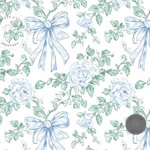Blue Bow and White Rose Floral Toile Seamless Pattern French Vintage Chinoiserie Style Digital Fabric Print for Wallpaper and Nursery Decor