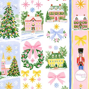 May include: A repeating pattern featuring watercolor illustrations of Christmas trees, pink houses, yellow houses, nutcrackers, wreaths with pink bows, and yellow stars on a white background. The text Pretty Cath appears in two circular logos.