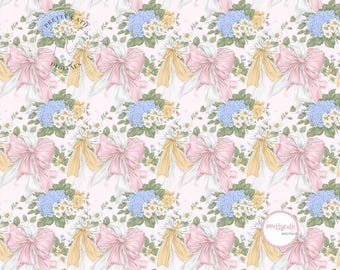 Preppy Floral Bow Seamless Pattern Coquette Wallpaper Grandmillennial Nursery Fabric Print Chinoiserie Hydrangea Design