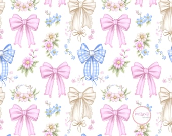 Pastel Bow Seamless Pattern for Nursery Floral Fabric Wallpaper Baby Shower Decor Print on Demand Digital Paper Textile Design