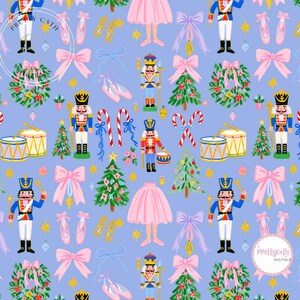 Può includere: Un motivo ripetitivo su sfondo azzurro con schiaccianoci in uniformi blu e rosse, scarpette da danza rosa, fiocchi rosa, alberi di Natale decorati, bastoncini di zucchero, tamburi e tutù. Il testo Pretty Cath Digitals è visibile.