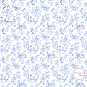 Blue Floral Seamless Pattern Vintage Toile Rose Line Art Digital Paper ...