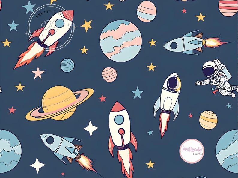 Astronaut Rocket Seamless Space Pattern Kids Galaxy Planets Stars ...