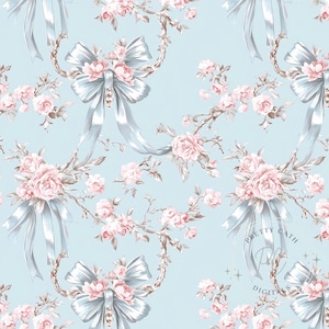 May include: A seamless pattern featuring delicate pink roses and blue bows on a light blue background. The bows are tied with a pearl accent and the roses are arranged in clusters. The pattern is perfect for a variety of projects, including fabric, wallpaper, and wrapping paper.