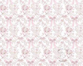 Pink Toile Chinoiserie Coquette Bow Seamless Pattern Vintage Floral Fabric Print Elegant Wallpaper Digital Paper for Nursery and Crafts